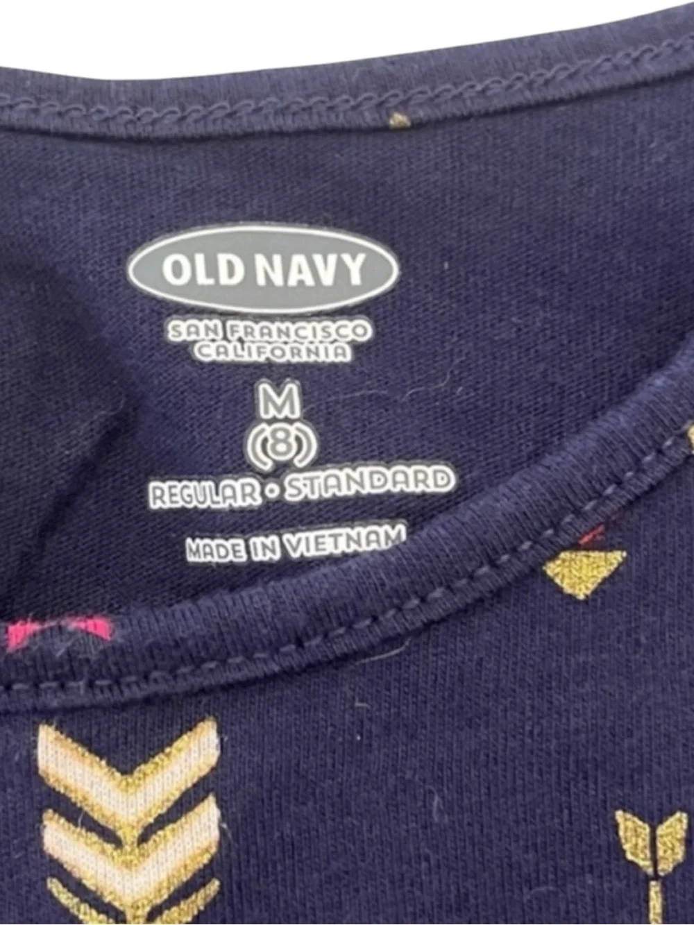 Old Navy Girls Dress Size 8 Navy Blue Gold Pink Arrow Print Short Sleeve Casual